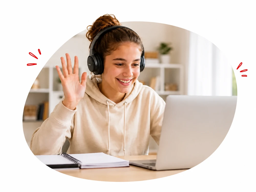 Lycéenne suivant ses cours en ligne
