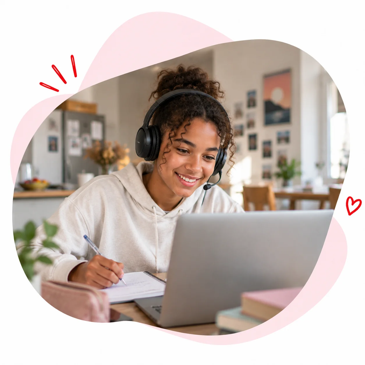Lycéenne suivant ses cours en ligne